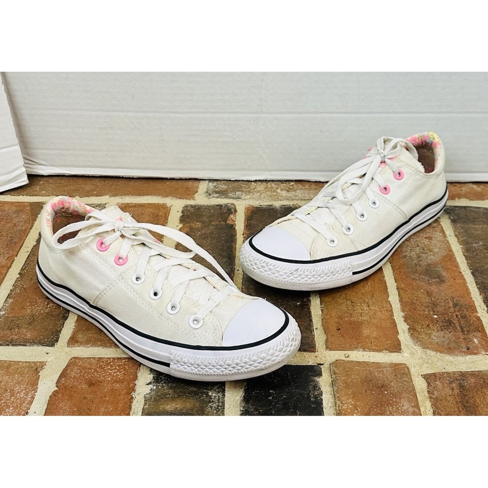 Converse All-Star White Sneakers White Pink Floral Low Top Ox Lace Up Women's 10